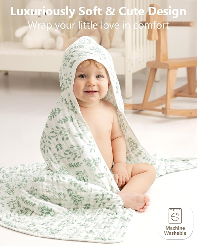 Baby Bath Towels, 100% Muslin Cotton Hooded Baby Towels for Newborn, 2 Pack Baby Towels with Hood for Infant Toddler and Kids, Large 32x32Inch Unisex Bath Essentials, Soft and Absorbent