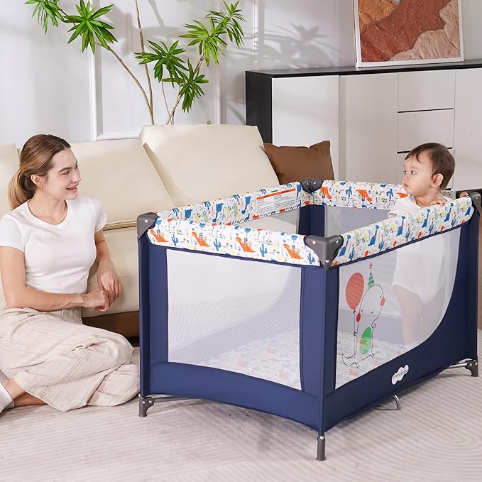 Pamo Babe Compact Pack and Play - Portable Crib for Baby, Lightweight Foldable Travel Playard with Mattress Pad & Carry Bag, Safe Breathable Travel Bed for Home, Trips & Family Visits, Cute Pattern