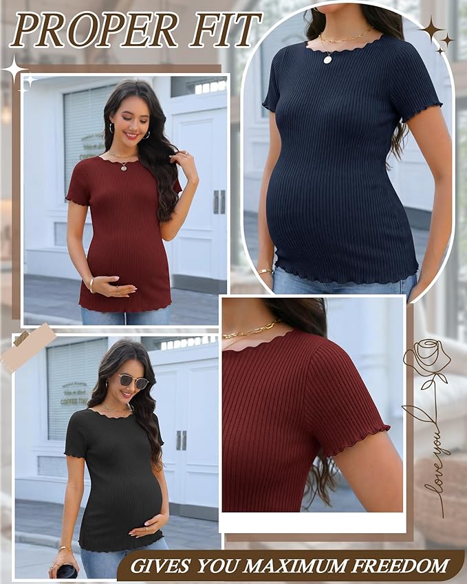 3 Pack Women's Maternity Ribbed Shirts Cotton Short Sleeve Pregnancy Tops Boat Neck Lettuce Trim Mama Clothes