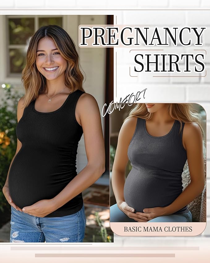 Riyiper 3 Pack Women's Maternity Tank Tops, Sleeveless Cotton Pregnancy Shirts Ribbed Knit Sides Ruched Basic Mama Clothes