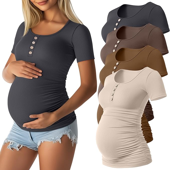 4 Pack Womens Maternity Shirts Scoop Neck Cotton Short Sleeve Ribbed Pregnancy Top Henley Side Ruched Mama Clothes