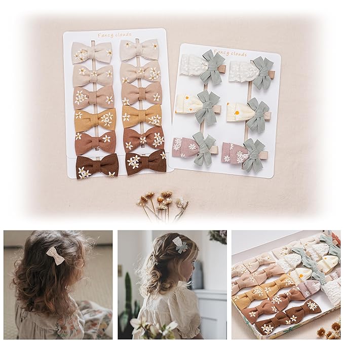 Baby Girl Hair Clips With Bow Holder 18 PCS Daisy Embroidered Hair Bow Handmdade Flower Bouquet,Fully Lined Alligator Clips,Hair Accessories for School Age Girls Toddler Kids by FANCY CLOUDS