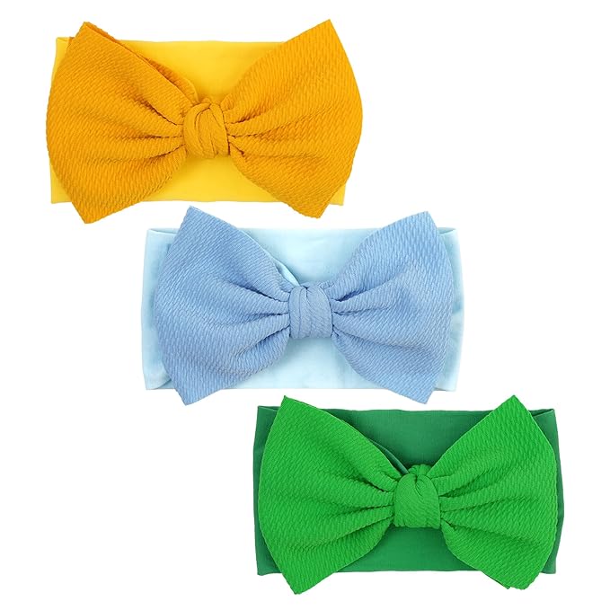 Baby Bow Headbands 3 Pcs Baby Girl Headbands with Bows Soft Nylon Green/Yellow/Blue Headband Bows for Baby Girls, Newborns, Infants