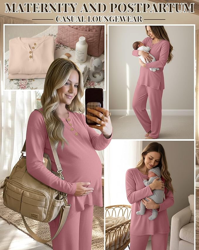 2 Piece Thermal Maternity Lounge Set Postpartum Pregnancy Fleece Loungewear Long Sleeve Top and Wide Leg Pant