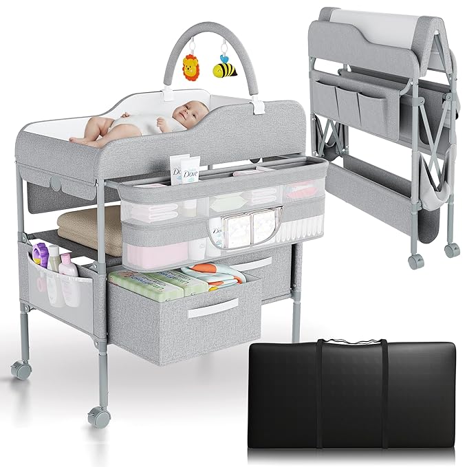 Portable Changing Table for Baby - Foldable Changing Table, Baby Diaper Changing Station with Baby Changing Station Toy Holder, Diaper Changing Table Bag - Portable Baby Changing Table with Wheels
