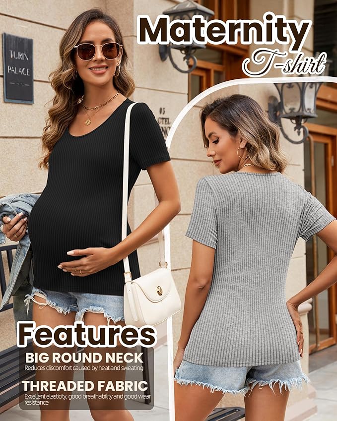Neer 3 Pack Women's Ribbed Maternity Tops Pregnancy Round Neck Shirts Short Sleeve Soft Maternity Clothes for Mama