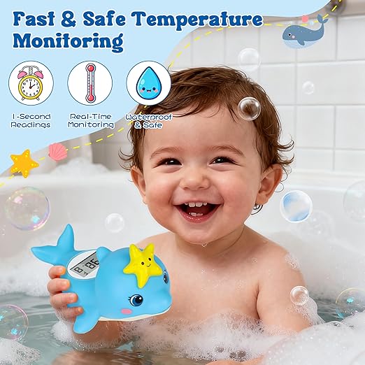 Baby Bath Thermometer, Dolphin Floating Bath Thermometer Baby for Newborns, Waterproof Bath Temperature Monitor with Hot & Cold Safety Alert, Water Temperature Monitor for Baby