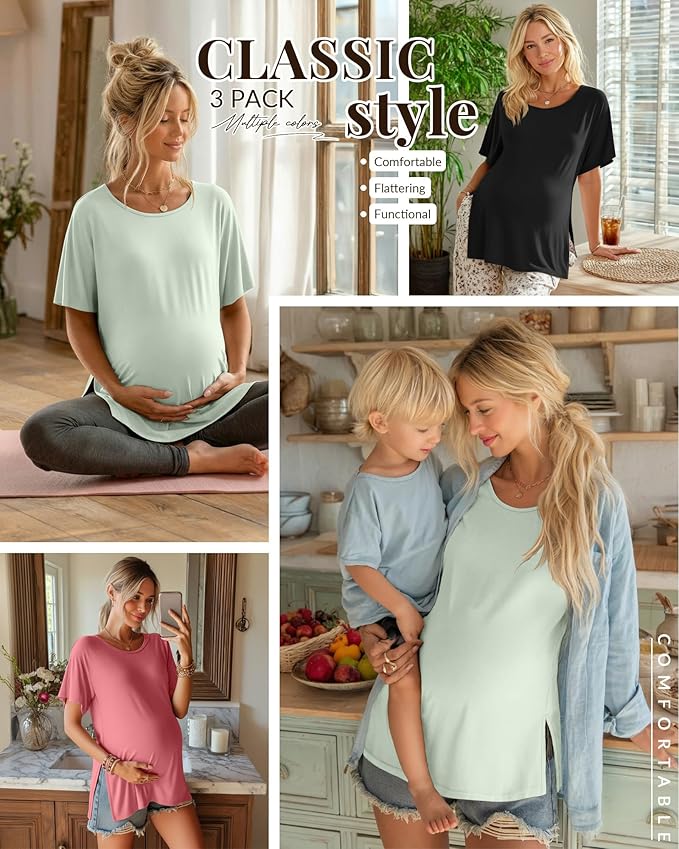 Riyiper 3 Pack Women's Maternity Tunic Shirts Cotton Summer Pregnancy Clothes Loose Oversized Split Side Blouse Tops