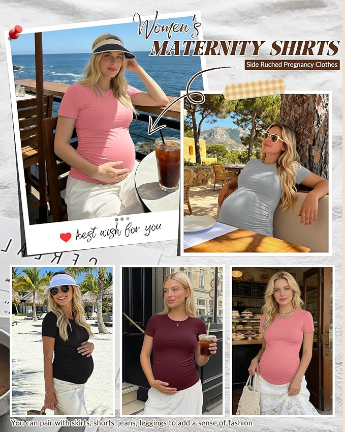 Huukeay 4 Pack Women's Maternity Shirts, Crew Neck Maternity Top Short Sleeve Casual Cotton Tee Side Ruched Pregnancy Clothes