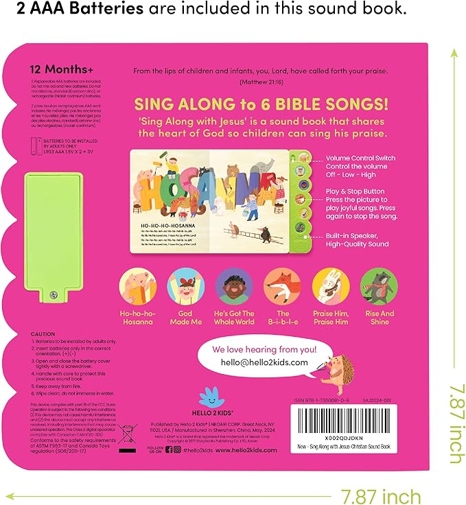 Sing Along with Jesus Christian Sound Books for Kids - 6 Bible Songs - Baptism, Christening, Dedication Gifts for Boys and Girls - Religious Toys, Music Books for Toddlers 1-3