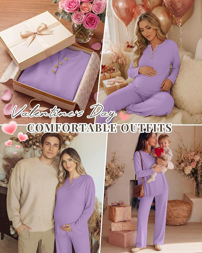 2 Piece Thermal Maternity Lounge Set Postpartum Pregnancy Fleece Loungewear Long Sleeve Top and Wide Leg Pant