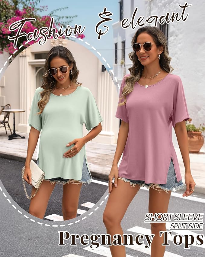 Riyiper 3 Pack Women's Maternity Tunic Shirts Cotton Summer Pregnancy Clothes Loose Oversized Split Side Blouse Tops
