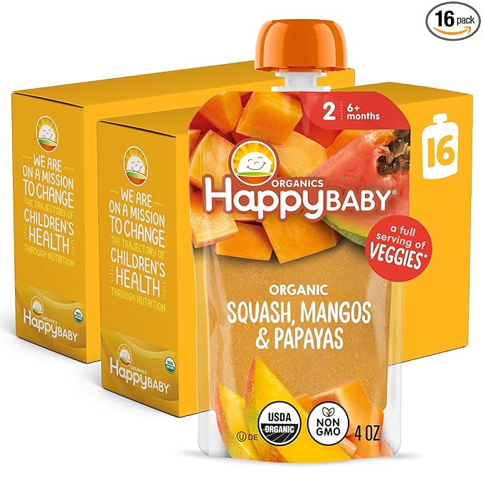 Happy Baby Organics Stage 2 Baby Food Pouches with One Full Serving of Veggies, Nutritious Snack, Clearly Crafted Fruit & Veggie Puree, Squash, Mango, & Papaya, 4 Ounces