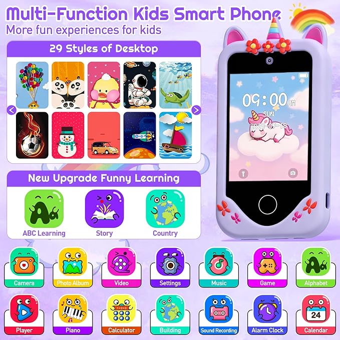 Kids Smart Phone for Girls, Touchscreen, 64GB Card Birthday Gifts for Girls Age 3, 4, 5, 6, 7, 8, 10 Year Old, Toddler Educational Learning Toys Phone with Dual Camera, Game, Music Player