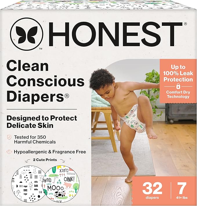 The Honest Company Comfort Dry Disposable Diapers for Sensitive Skin, Hypoallergenic, Fragrance-Free, Barnyard Babies + Pattern Play, Club Box, Size 7 (41 lbs), 32 Count