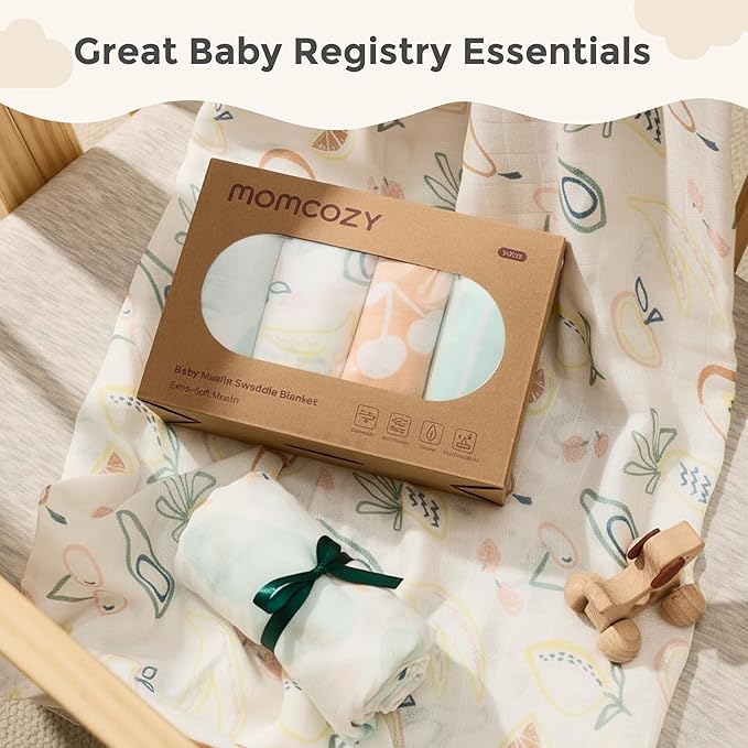 Momcozy Muslin Swaddle Blankets, Ultra Soft Neutral Registry Essentials, 47'' x 47'' Breathable Large Receiving Blanket, Newborn Essentials Must Haves, Baby Boys Girls Shower Gifts, Fruits Party