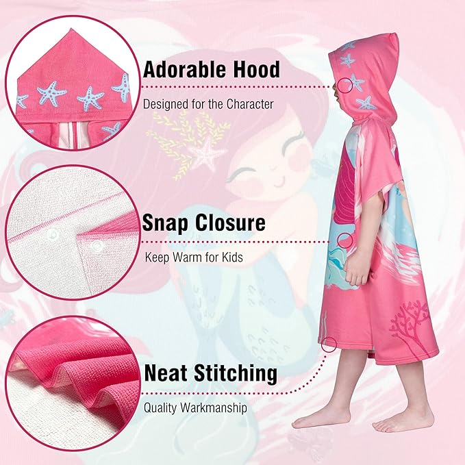 Hooded Kids Beach Towels - Toddler Bath Towel Girls Boys Swim Cover-ups for Ages 4 to 10 Kids Pool Towels Quick Dry Lightweight Soft Microfiber Poncho 30x30 with Bag (Mermaid Smile)
