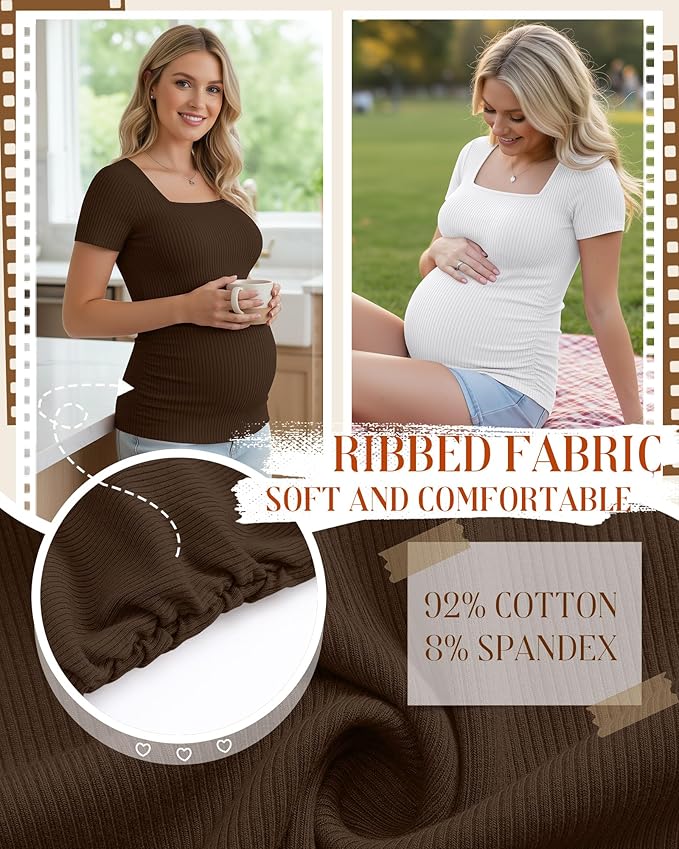 Huukeay 4 Pack Women's Maternity Shirts Cotton Ribbed Short Sleeve Square Neck Pregnancy Tops Side Ruched Summer Tee