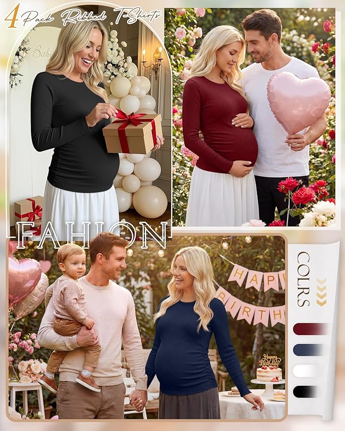 Ficerd 4 Pack Women's Maternity Shirts Cotton Long Sleeve Ribbed Crew Neck Pregnancy Tops Side Ruched Casual Mama Clothes