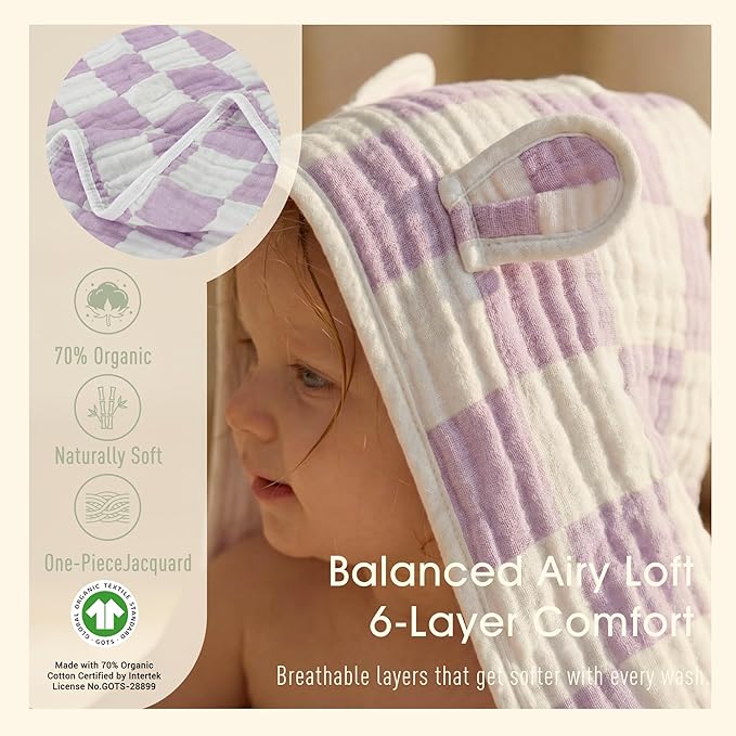 Ultra-Soft Muslin Toddler Hooded Towel - 55 x 28 Inches, Ideal for Bath & Beach, Suitable for Both Boys & Girls from Newborns to Toddlers（Lavender Check）