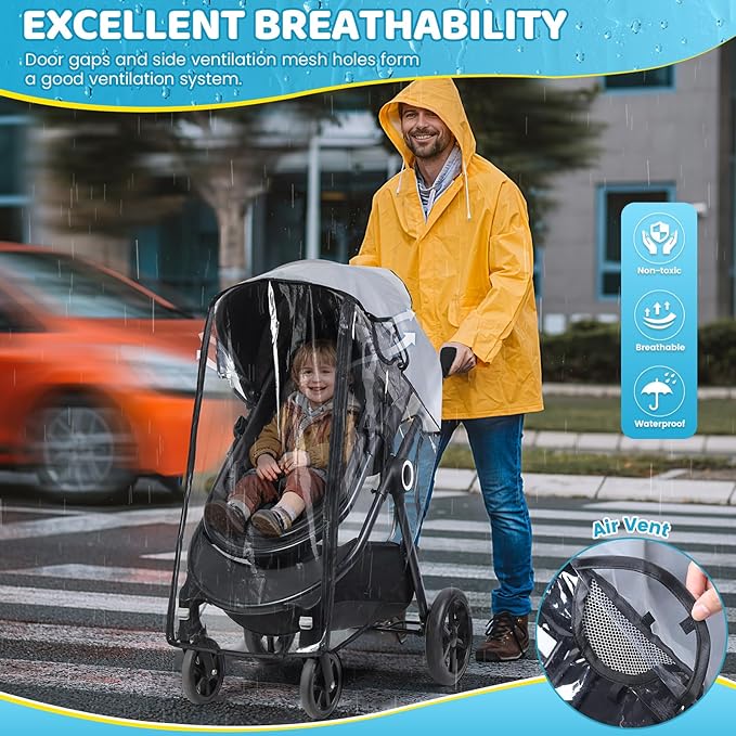 Clear Stroller Rain Cover, Universal Stroller Accessories, Waterproof Travel Weather Shield with Breathable Ventilation and Easy Access, Thick EVA & PVC Protect from Wind, Dust and Snow
