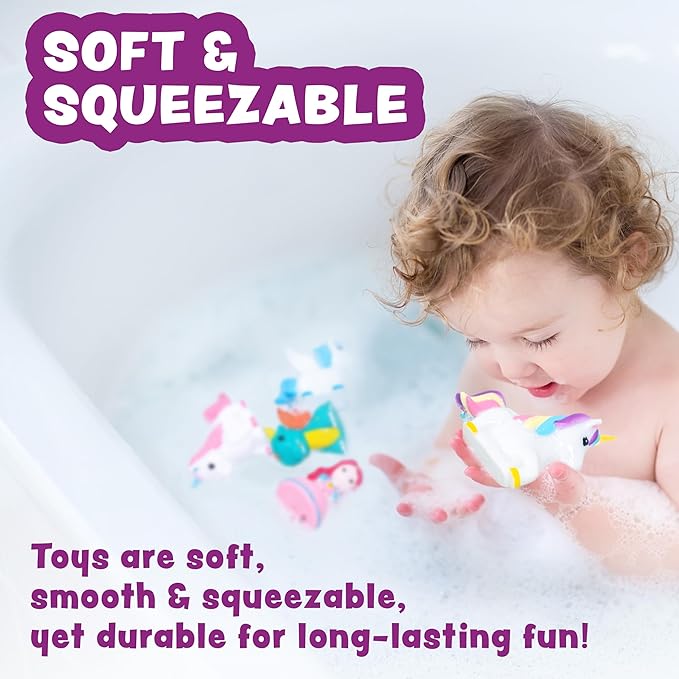 Tub Works® Fantasy Watertight Bath Toys, 6 Pack | Sealed, No Hole Bath Toys Design Keeps Moisture Out | Soft, Squeezable & Float on Water | Baby & Toddler Bathtub Toy | Unicorn Baby Girl Bathtub Toy