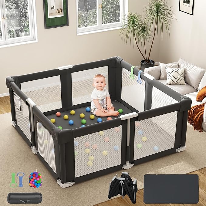 Foldable Playpen for Babies and Toddlers, 51" Portable Play Pen with Mat and Ocean Balls, Play Yard with with Visible Mesh for Inddor and Outdoor, No Assembly Required, Black