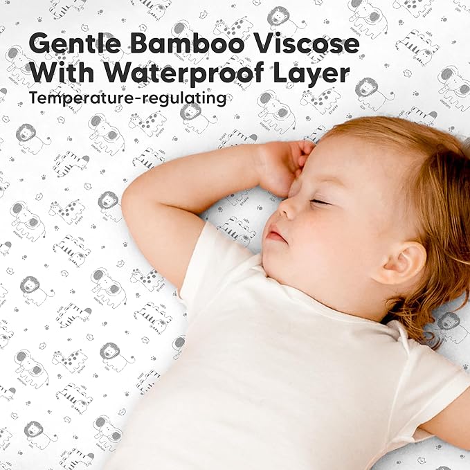 2-Pack Waterproof Pack and Play Sheets, Mini Crib Sheets Fitted for Boy, Girl - 38 x 26 Viscose from Bamboo Pack N Play Mattress Sheets for Graco, Toddler Playard Baby Crib Sheets Neutral (KeaSafari)