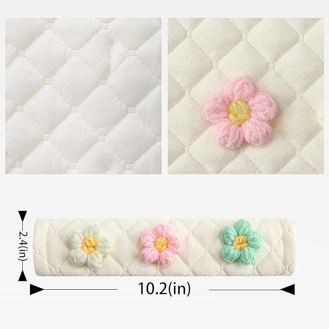 Amooca Soft Auto Seat Belt Cover Seatbelt Shoulder Pad Cushions 2 PCS for a More Comfortable Driving Universal Fit for All Cars and Backpack Off-White Knitted Flower (Green & Pink)