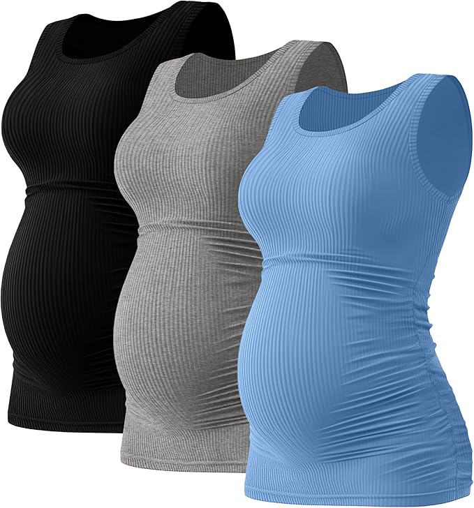 Riyiper 3 Pack Women's Maternity Tank Tops, Sleeveless Cotton Pregnancy Shirts Ribbed Knit Sides Ruched Basic Mama Clothes