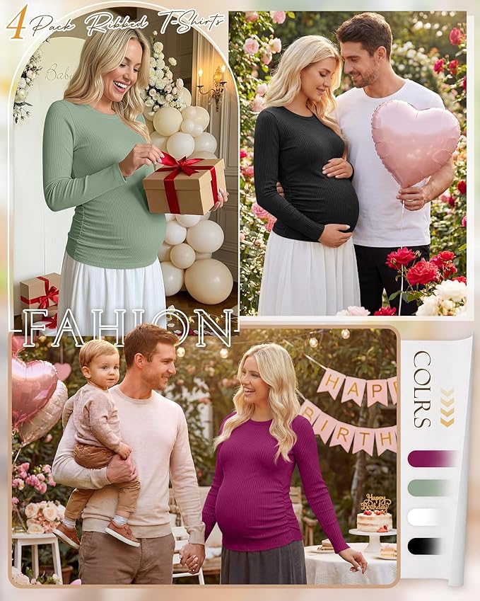 Ficerd 4 Pack Women's Maternity Shirts Cotton Long Sleeve Ribbed Crew Neck Pregnancy Tops Side Ruched Casual Mama Clothes