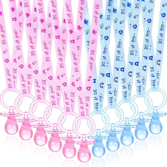 ZYFLSQ 60 Pieces Baby Shower Pacifiers Necklace, Acrylic Pacifier Necklaces for Baby Shower Games Girl Boy Charm, Party Favors, Decorations DIY, Table Scatter, Gender Reveal Necklaces(Pink&Blue)