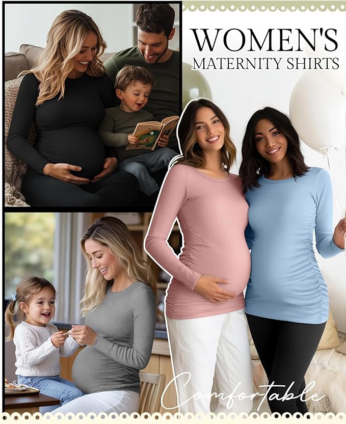 Ficerd 4 Pack Women's Maternity Shirts Cotton Long Sleeve Ribbed Crew Neck Pregnancy Tops Side Ruched Casual Mama Clothes