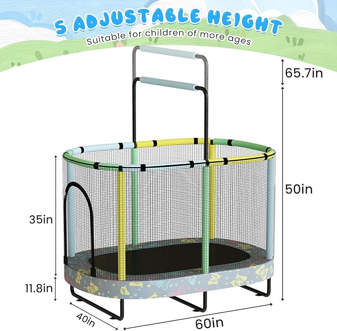 LAMERGE 55" 7-in-1 Round Trampoline for Kids Boys & Girls Ages 1-8, Indoor & Outdoor Trampoline for Fun, Adjustable Height Handrail ＆ Enclosed Safety Net ＆ Durable Designs for Toddlers Children