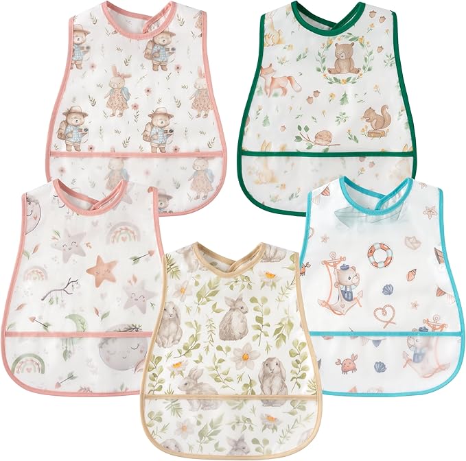 R HORSE 5Pcs Baby Bibs Set Toddler Bibs with Crumb Catcher Pocket & Snap Button Waterproof Baby Feeding Bibs for 6-24 Months