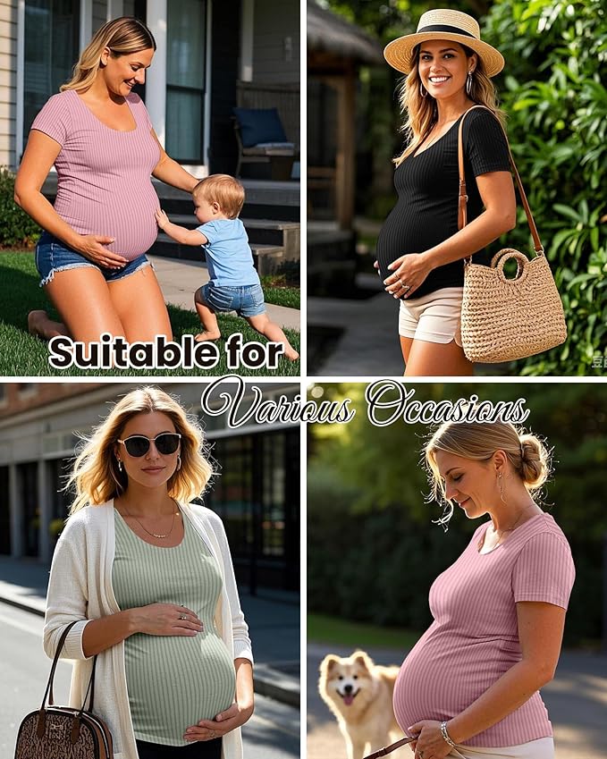 Neer 3 Pack Women's Ribbed Maternity Tops Pregnancy Round Neck Shirts Short Sleeve Soft Maternity Clothes for Mama