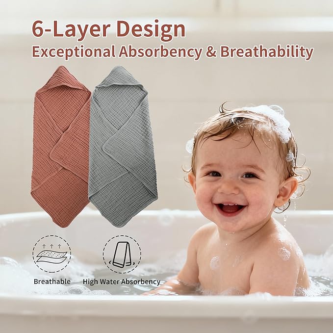 Newborn Hooded Towels 2-Pack, 100% Cotton Plain Weave Muslin Baby Bath Towels, Soft & Absorbent, 32x32 Inches (Sand Red + Emerald Green)