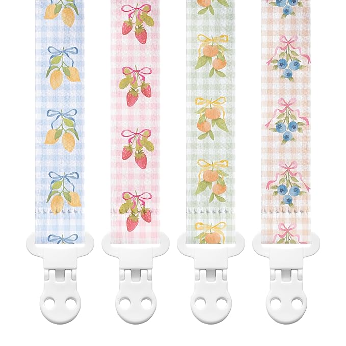 Stadela Baby Fabric Pacifier Clip Holder, Plastic Clip, 4‑Pack, Fruits Pattern, Clementine Set