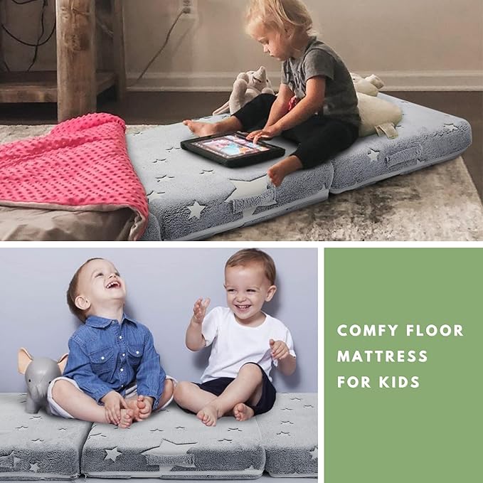 MeMoreCool Glow Star Kids Foldable Floor Mattress Mat with Carry Bag, 3-in-1 Tri-Fold Futon, Soft Plush Glow Cover, Portable for Travel, Grey 63x26 Inch