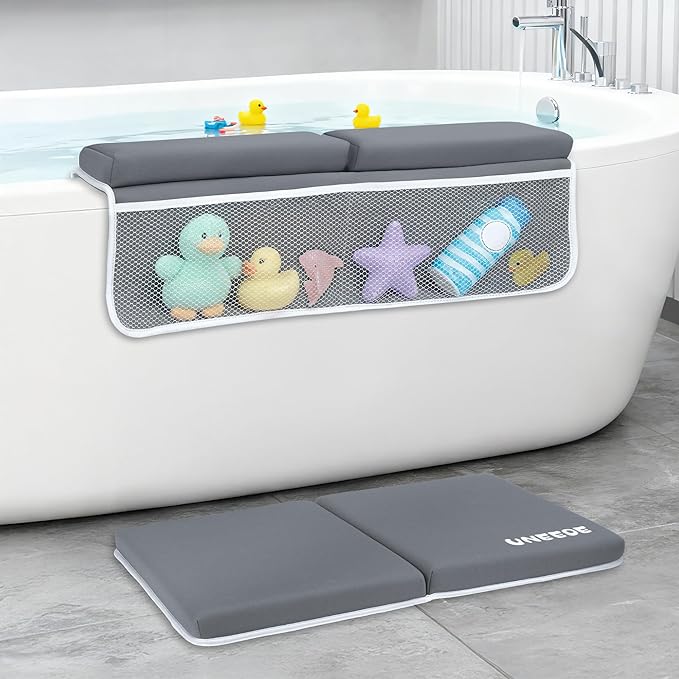 UNEEDE Baby Bath Kneeler and Elbow Rest Pad Set, 1.5” Thick Memory Foam Bath Kneeling Pad with Elbow Support, Bathtub Mat with Toy Organizer for Bathing Infant or Toddler, Grey