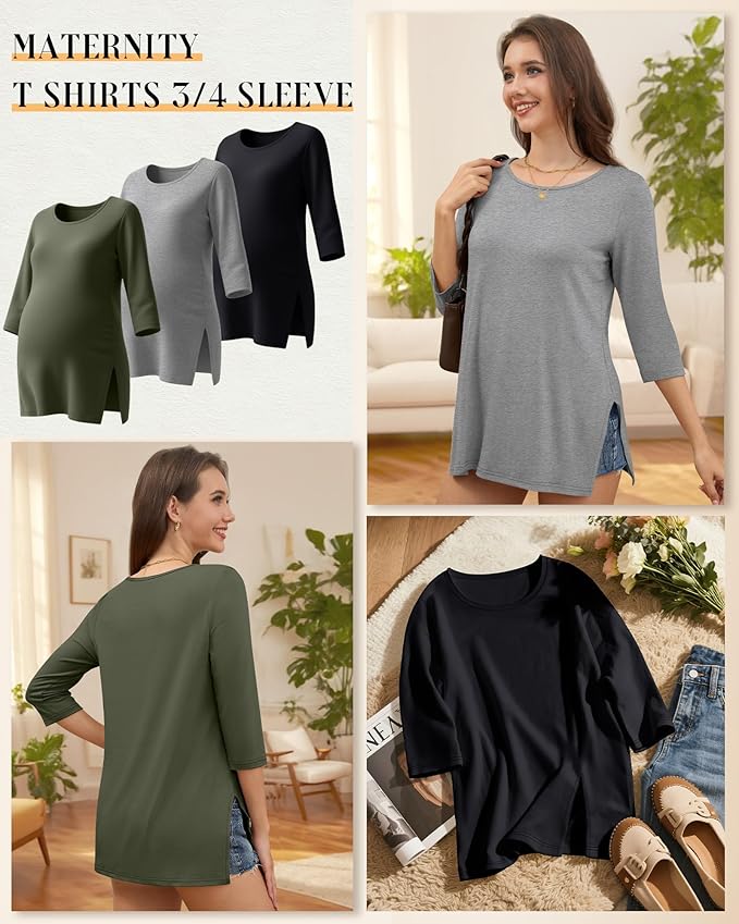3 Pack Women's 3/4 Sleeve Maternity Shirts Elbow Length Clothes Round Neck Tunics Pregnancy Loose Side Split Tops