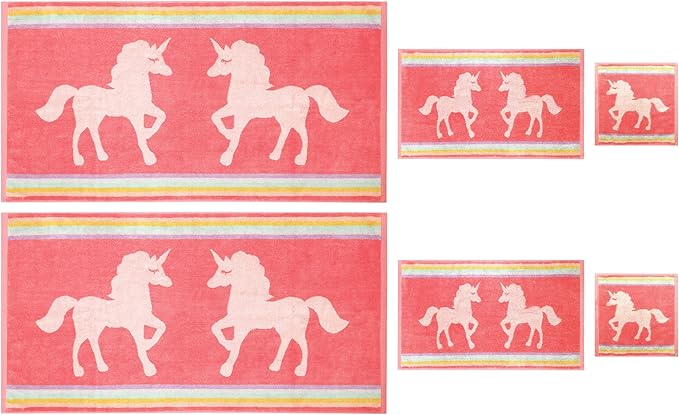 ORIGINAL KIDS 6 Piece Unicorn Towel Set - 100% Cotton Terry Jacquard – 2 Bath Towels, 2 Hand Towels, 2 Washcloths - 630 GSM Super Soft Absorbent Kids Bathroom Set - Pink Multicolor