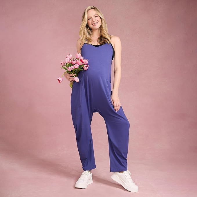 Motherhood Maternity womens Casual Baggy Sleeveless V-neck Pregnancy Romper Jumpsuit With Loose Spaghetti Straps and Pockets
