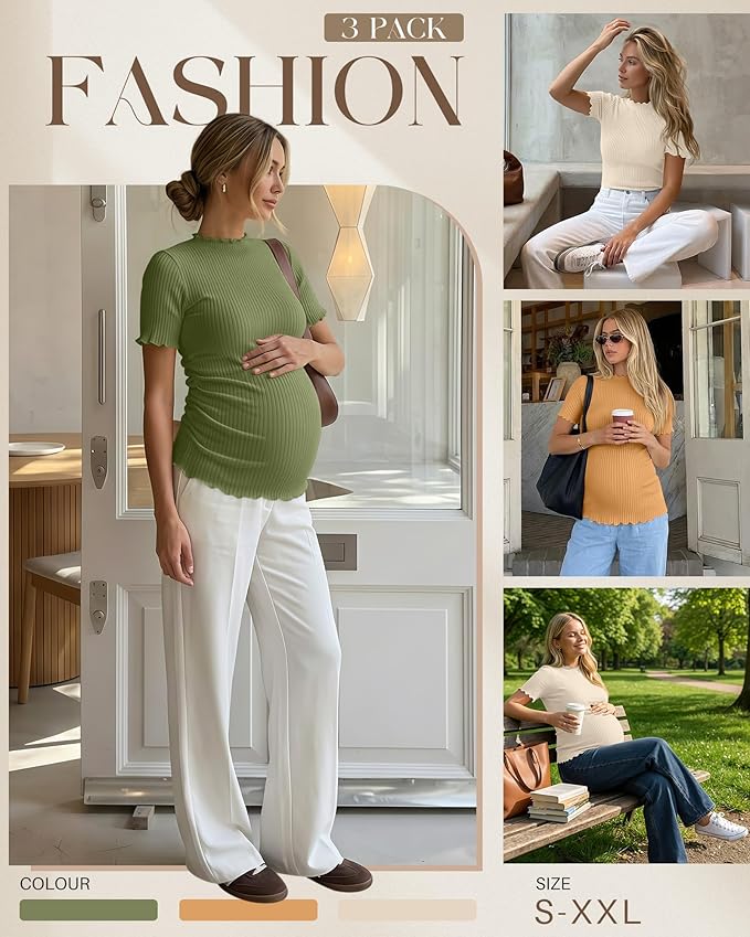 3 Pack Women's Maternity Tops Short Sleeve Ribbed Knit Maternity Shirts Crew Neck Side Ruched Pregnancy Clothes