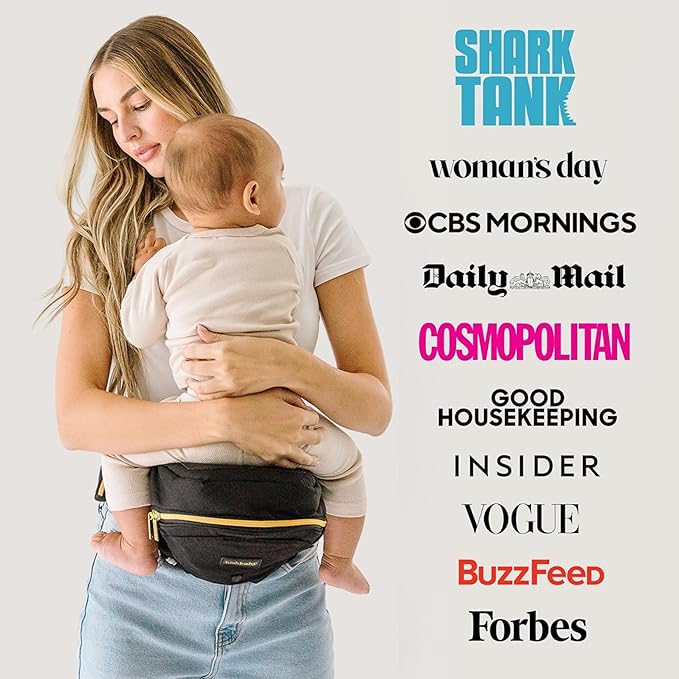Tushbaby Original Hip Seat Baby Carrier for Babies & Toddlers up to 45 lbs, Safety Certified, Lightweight No-Foam Design with Storage & Nursing Support, Black & Gold