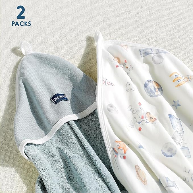 GRSSDER Baby Hooded Towel 2 Pack for Newborn, Super Soft Bath Towels with Original Designs, Ultra Absorbent Knit Terry, Large Toddler Towels with Hood for Boys Girls, Shower Gifts for Infant,34"x 34"