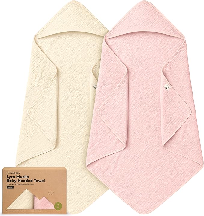 KeaBabies Muslin Hooded Baby Towels for Newborn Girls, Boys - 2-Pack, 30x30 Organic Cotton Baby Bath Towels Hooded, Soft Absorbent, Toddlers, Kids, Infant, Newborn Bath Essentials (Rose Ivory, Petite)
