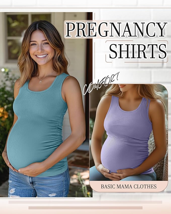 Riyiper 3 Pack Women's Maternity Tank Tops, Sleeveless Cotton Pregnancy Shirts Ribbed Knit Sides Ruched Basic Mama Clothes