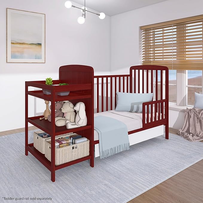 Dream On Me Anna 3-in-1 Convertible Full-Size Baby Crib & Changer with Storage in Cherry, GreenGuard Gold & JPMA, Pinewood, Converts to Day & Toddler Bed, 3 Mattress Heights, 1″ Changing Pad