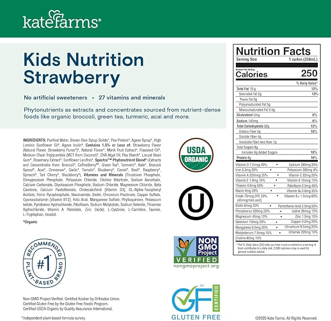 KATE FARMS Organic Kids Nutrition Strawberry Shake, 8g Protein, 27 Vitamins and Minerals, Meal Replacement, Gluten Free, Non-GMO, 8.45 oz (6 Pack)